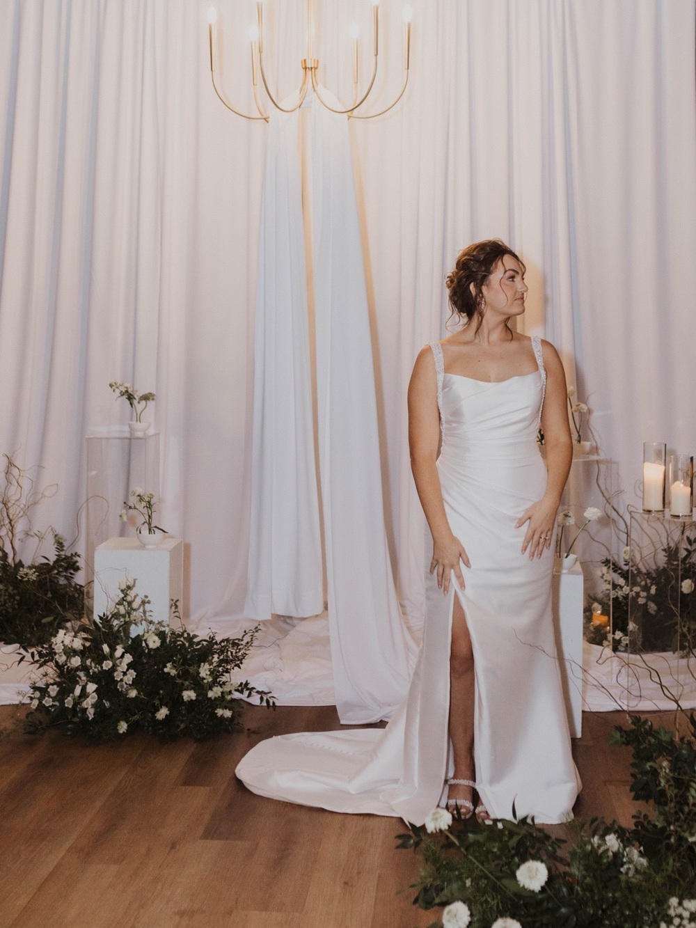 Satin White Bridal Gown with Square Neck and Front Slit